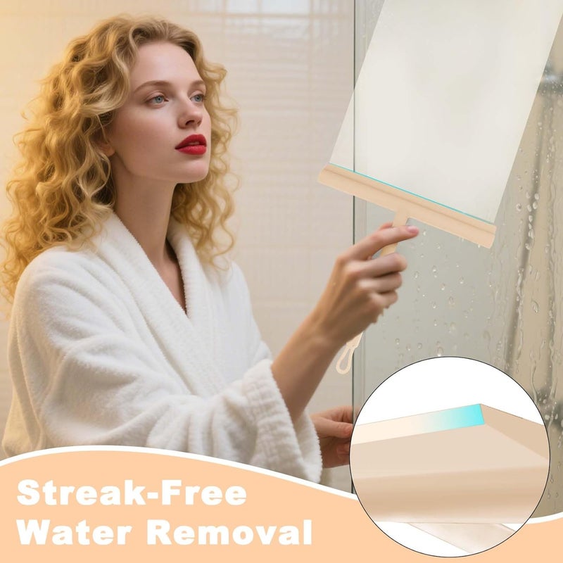 DEOFUXT Squeegee for Shower Glass Doors, Resilient Loop - No-Drill & Adhesive Hook, Silicone Shower Squeegee with Stainless Steel Core, Cleaning Tool for Home, Kitchen, Bathroom & Car - Beige - Image 3